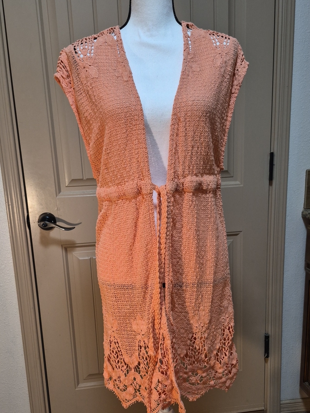 S Peach Crochet Tie-Front Swim Coverup